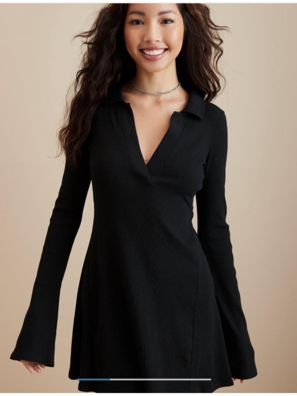 American Eagle Outfitters Black Long-Sleeve Ribbed Polo Swing Dress